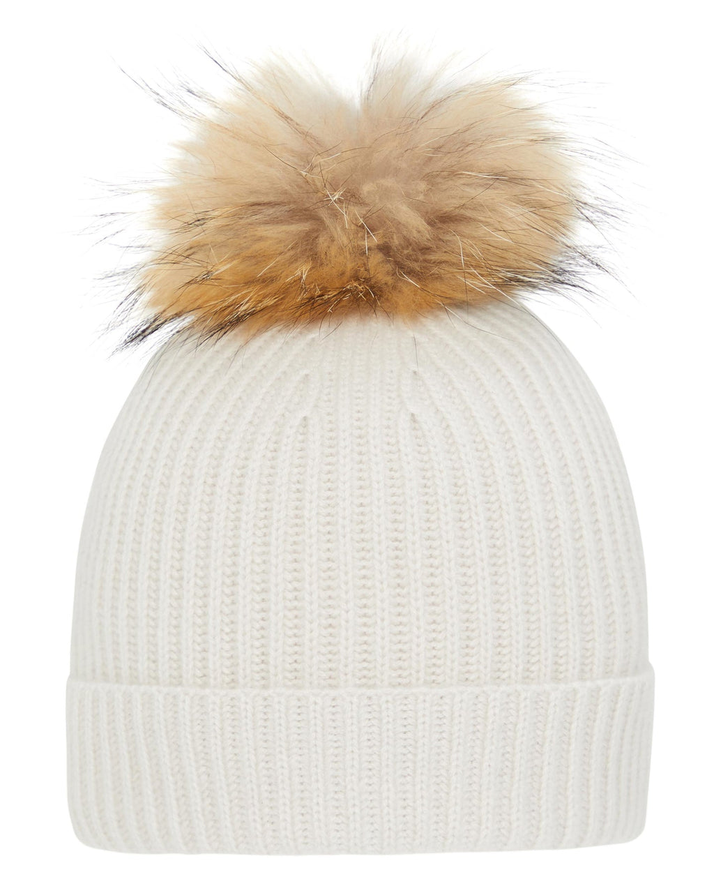 Ciara Knit Mink Beanie Hat with Fox Pom Pom in Brown