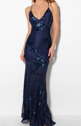LULUS Valhalla Navy Blue Sequin Lace-Up Maxi Dress – Clutch